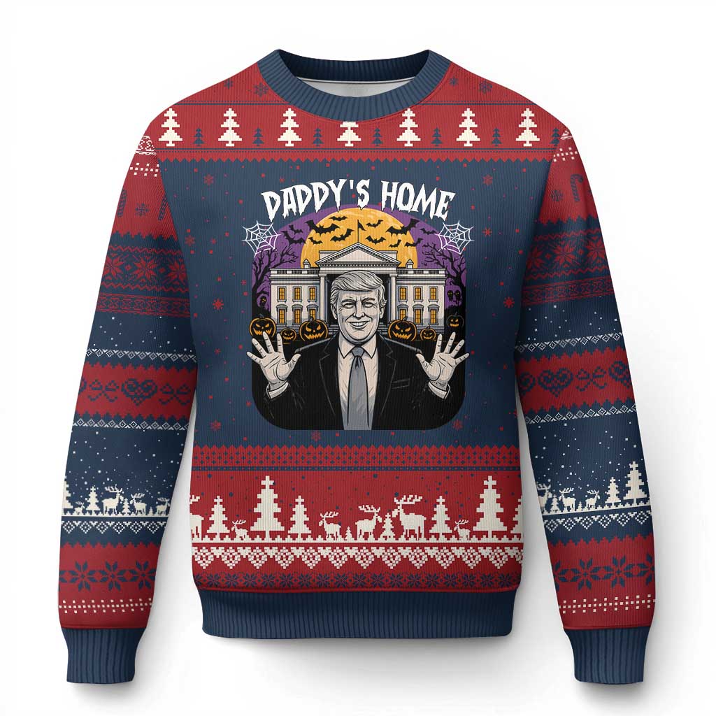 Funny Trump Halloween Ugly Christmas Sweater Daddy Home White House Spooky Season TS02 Navy Red Print Your Wear