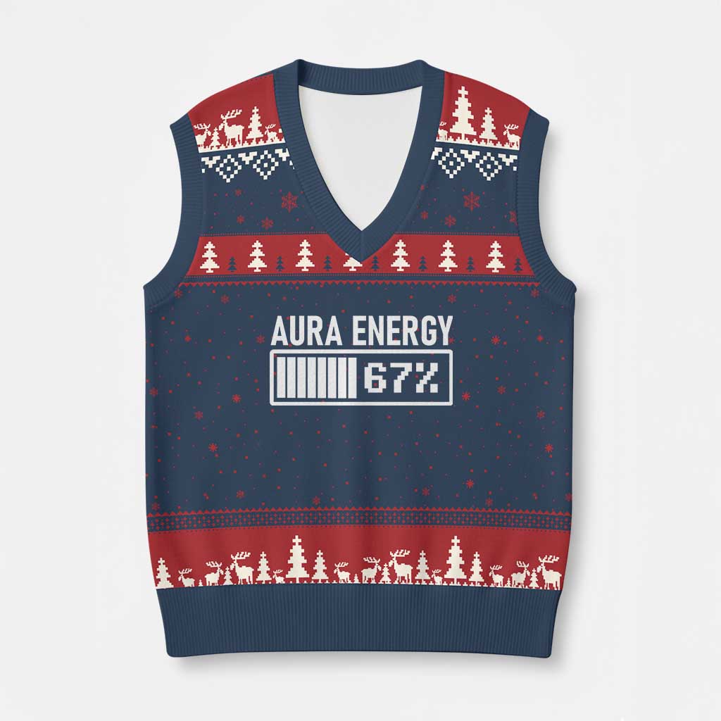 Funny Aura Energy at 67 V-Neck Knit Sweater Vest Six Seven Viral Meme 6 7 Gen Alpha Slang TS02 Navy Red Print Your Wear