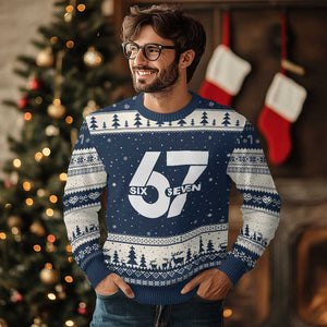 Funny Six Seven 67 Meme Ugly Christmas Sweater Bold Graphic TS02 Navy Beige Print Your Wear