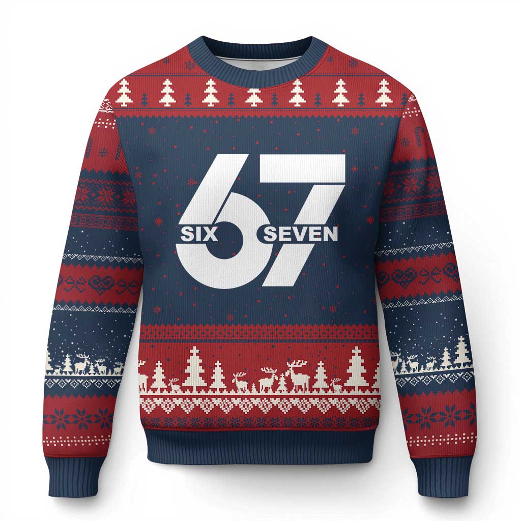 Funny Six Seven 67 Meme Ugly Christmas Sweater Bold Graphic TS02 Navy Red Print Your Wear