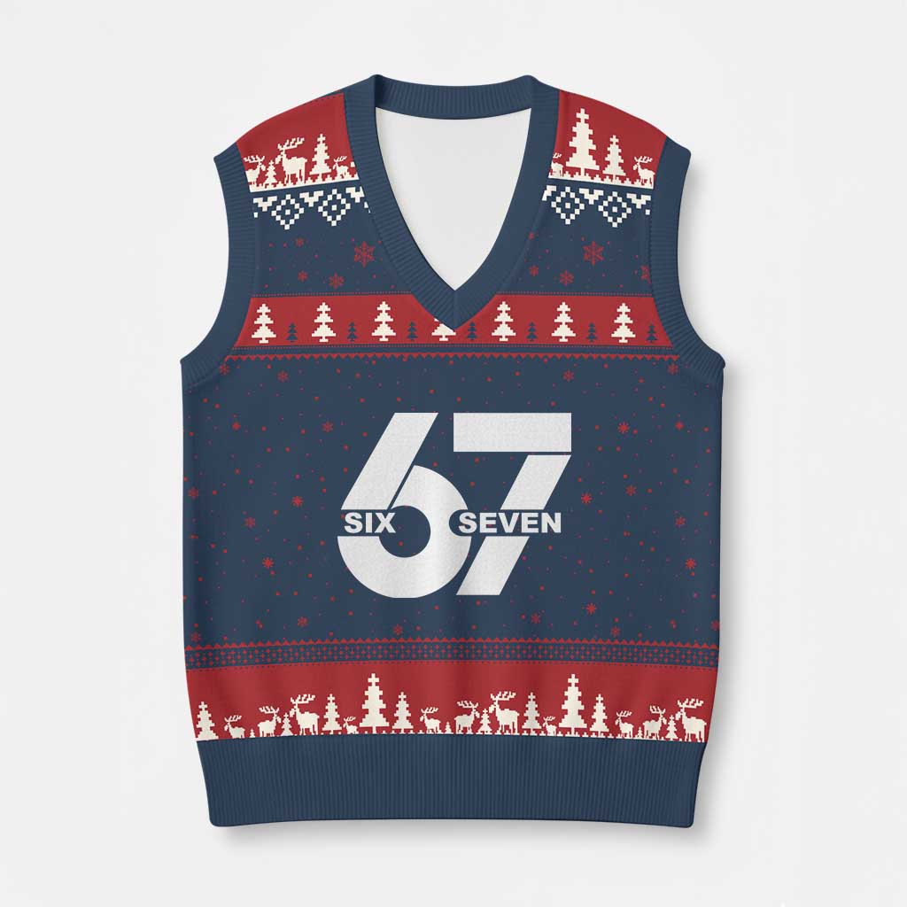 Funny Six Seven 67 Meme V-Neck Knit Sweater Vest Bold Graphic TS02 Navy Red Print Your Wear