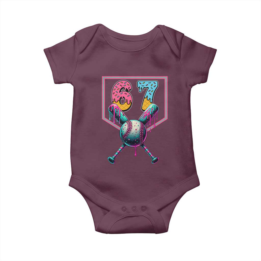 Funny Six Seven Baseball Drip Baby Onesie Number 67 Meme Drippy Bats TS02 Maroon Print Your Wear
