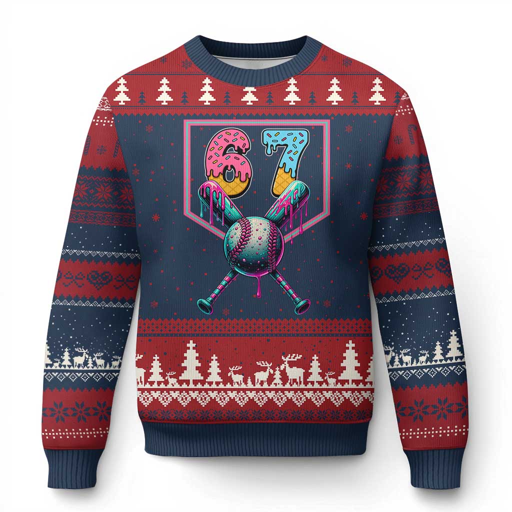 Funny Six Seven Baseball Drip Ugly Christmas Sweater Number 67 Meme Drippy Bats TS02 Navy Red Print Your Wear