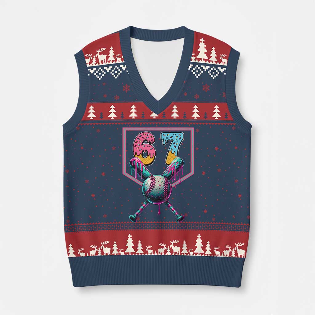 Funny Six Seven Baseball Drip V-Neck Knit Sweater Vest Number 67 Meme Drippy Bats TS02 Navy Red Print Your Wear