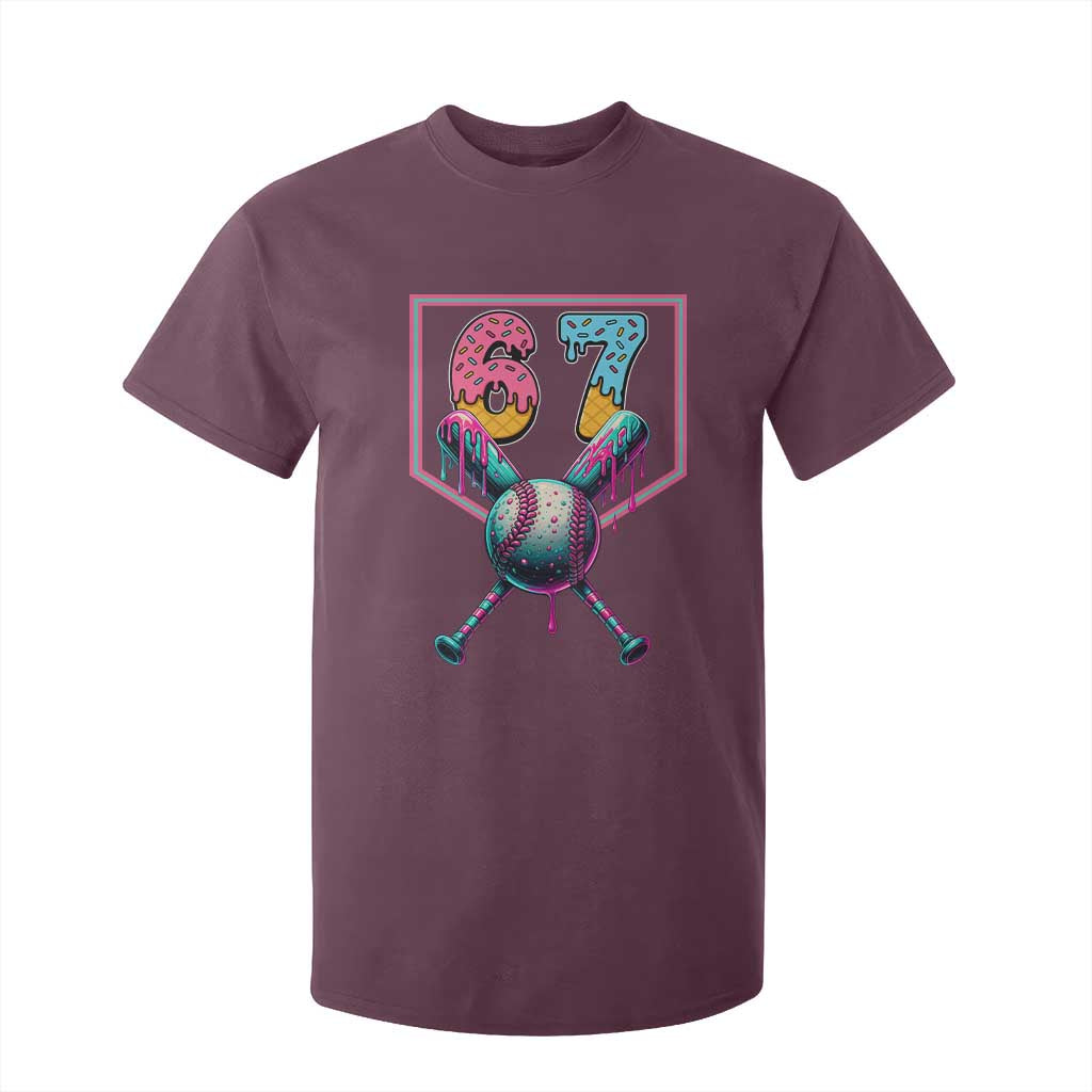 Funny Six Seven Baseball Drip T Shirt For Kid Number 67 Meme Drippy Bats TS02 Maroon Print Your Wear