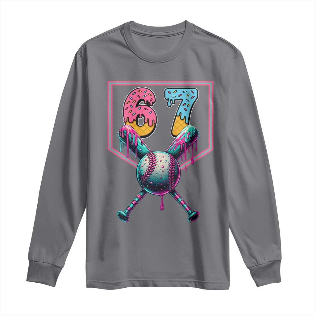 Funny Six Seven Baseball Drip Long Sleeve Shirt Number 67 Meme Drippy Bats TS02 Charcoal Print Your Wear