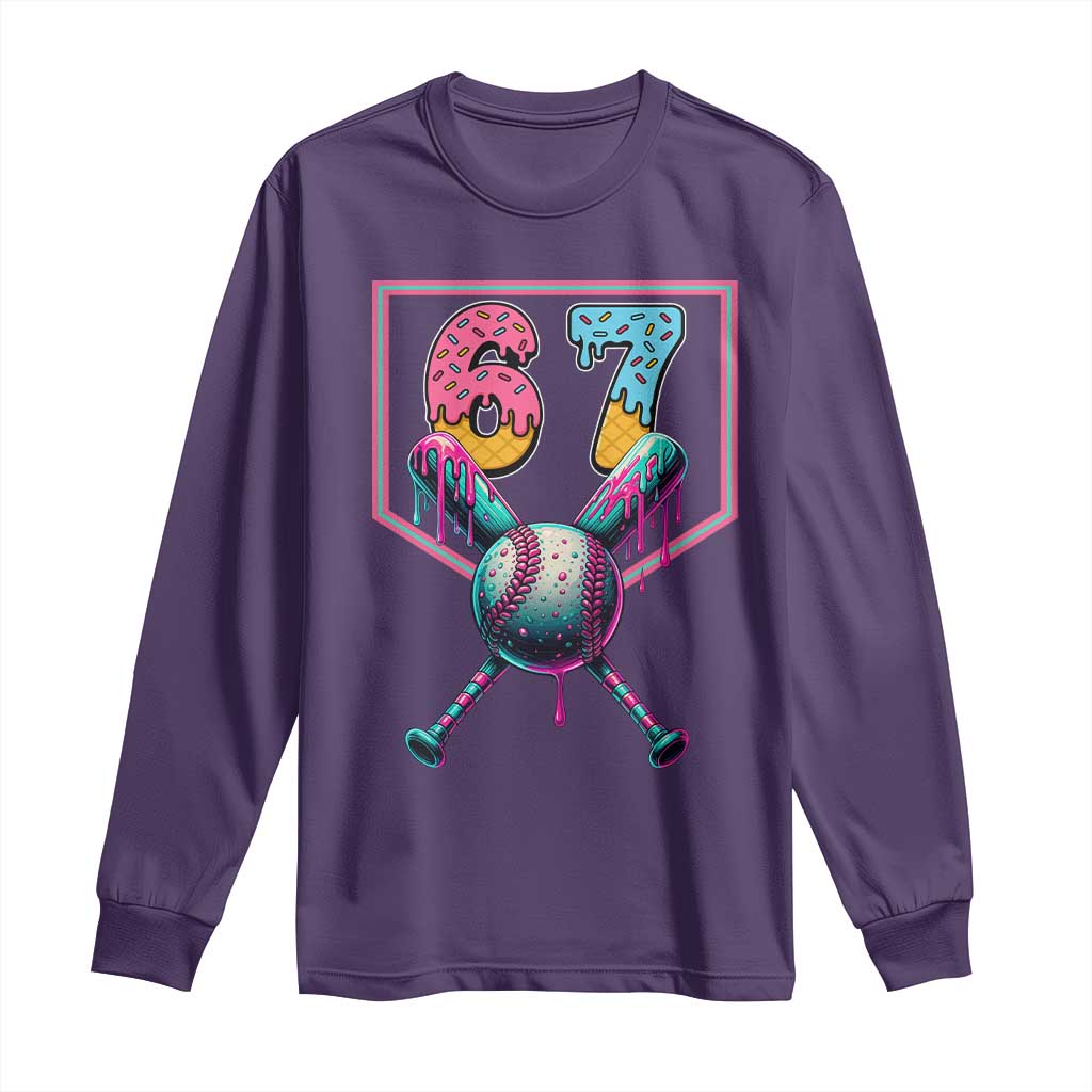 Funny Six Seven Baseball Drip Long Sleeve Shirt Number 67 Meme Drippy Bats TS02 Purple Print Your Wear