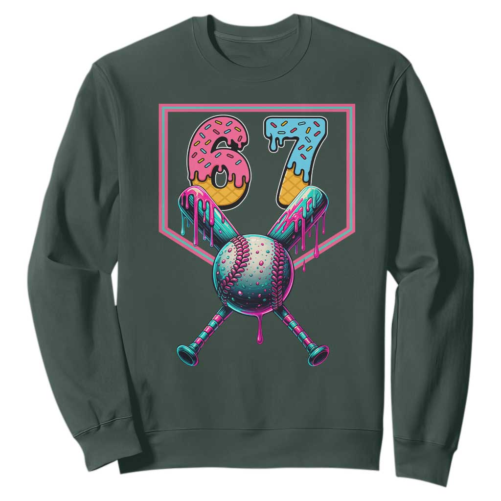 Funny Six Seven Baseball Drip Sweatshirt Number 67 Meme Drippy Bats TS02 Dark Forest Green Print Your Wear