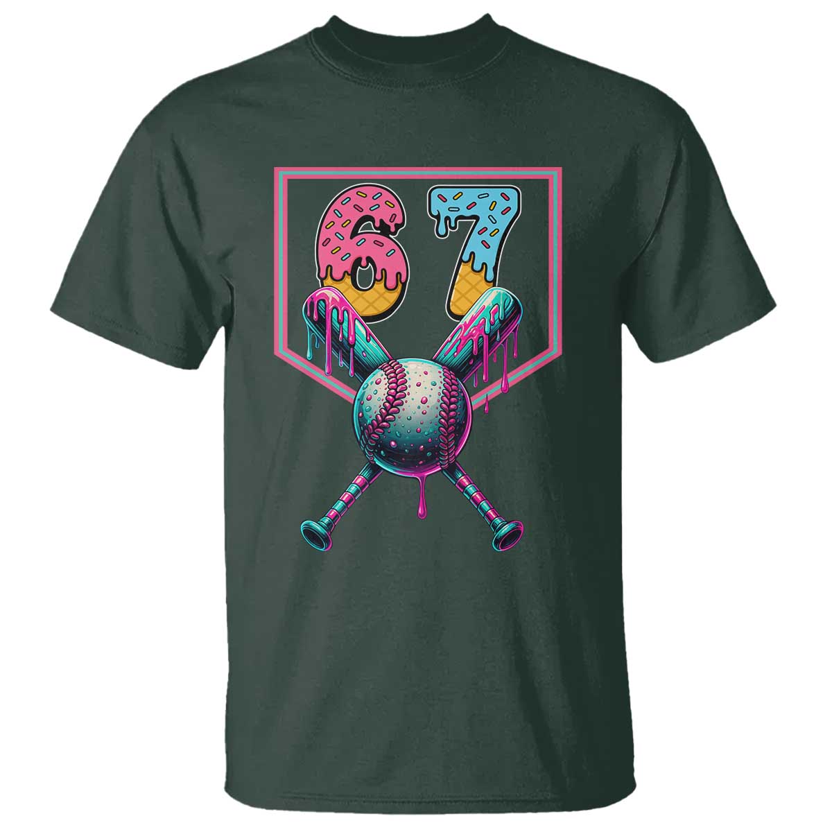 Funny Six Seven Baseball Drip T Shirt Number 67 Meme Drippy Bats TS02 Dark Forest Green Print Your Wear