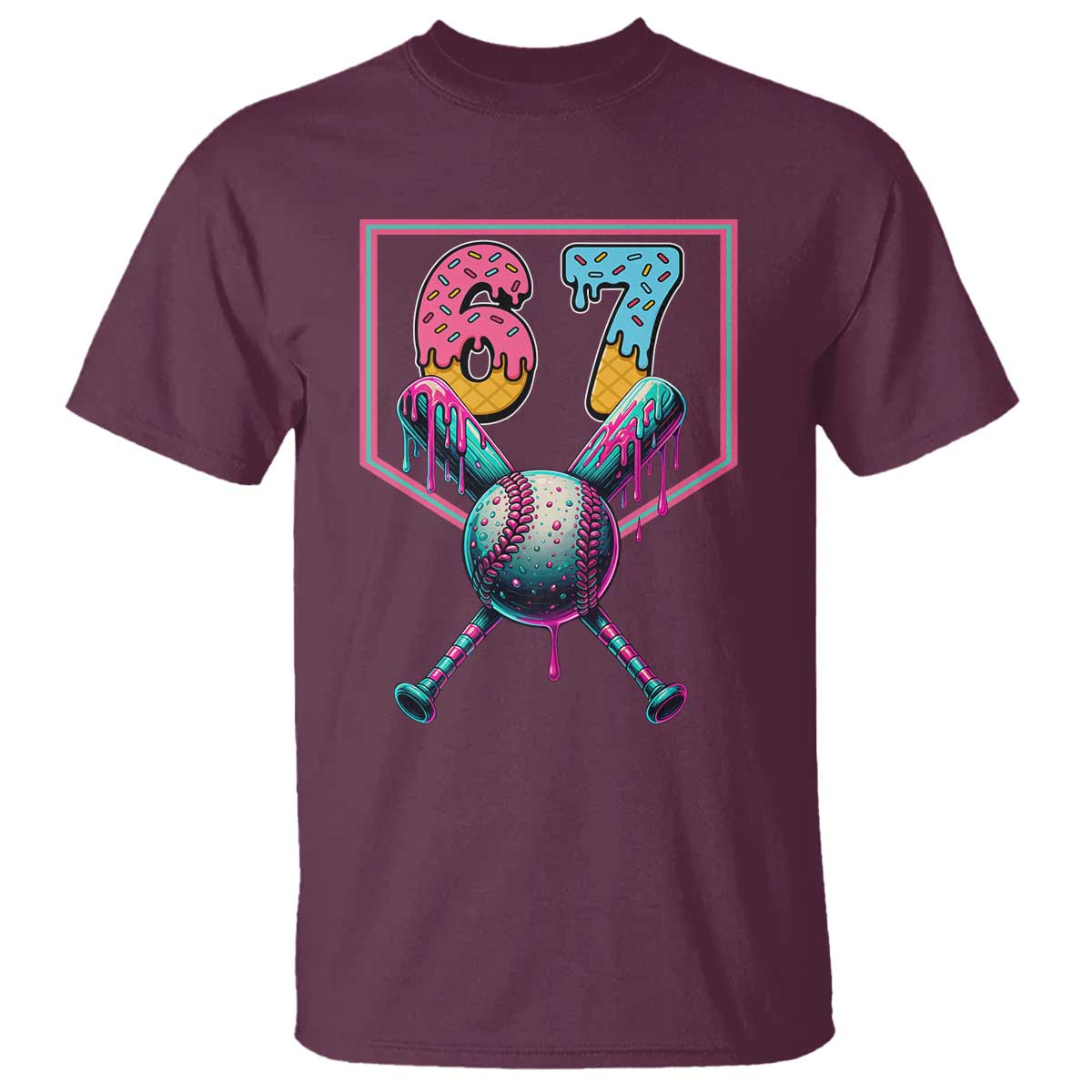 Funny Six Seven Baseball Drip T Shirt Number 67 Meme Drippy Bats TS02 Maroon Print Your Wear
