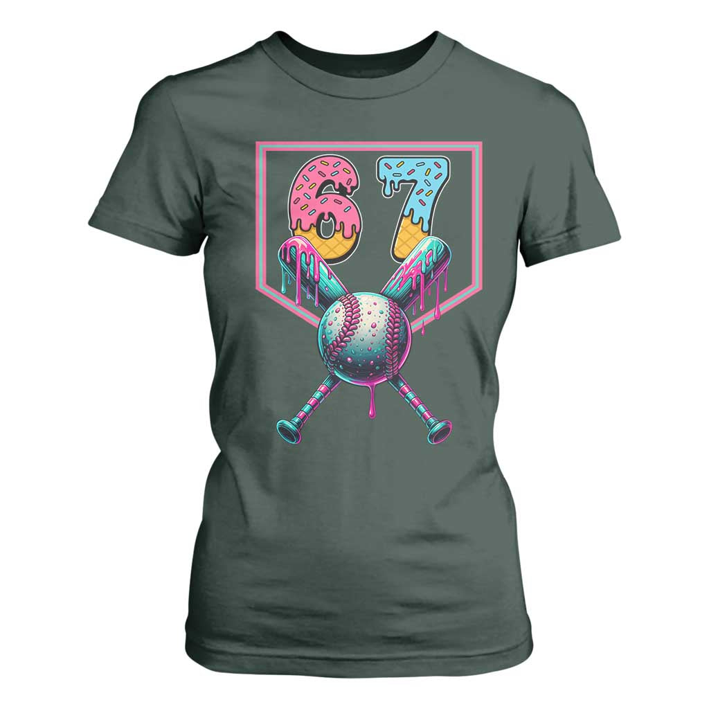 Funny Six Seven Baseball Drip T Shirt For Women Number 67 Meme Drippy Bats TS02 Dark Forest Green Print Your Wear