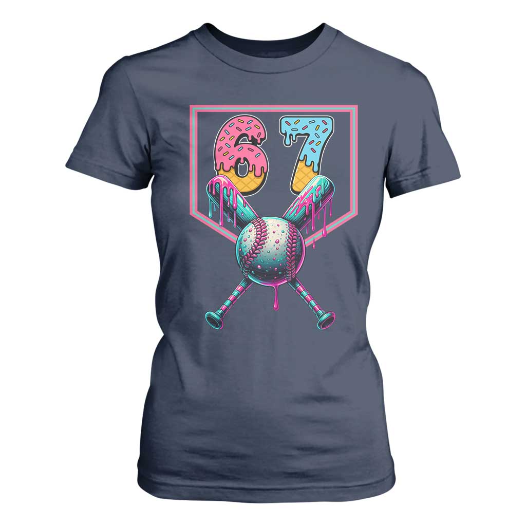 Funny Six Seven Baseball Drip T Shirt For Women Number 67 Meme Drippy Bats TS02 Navy Print Your Wear