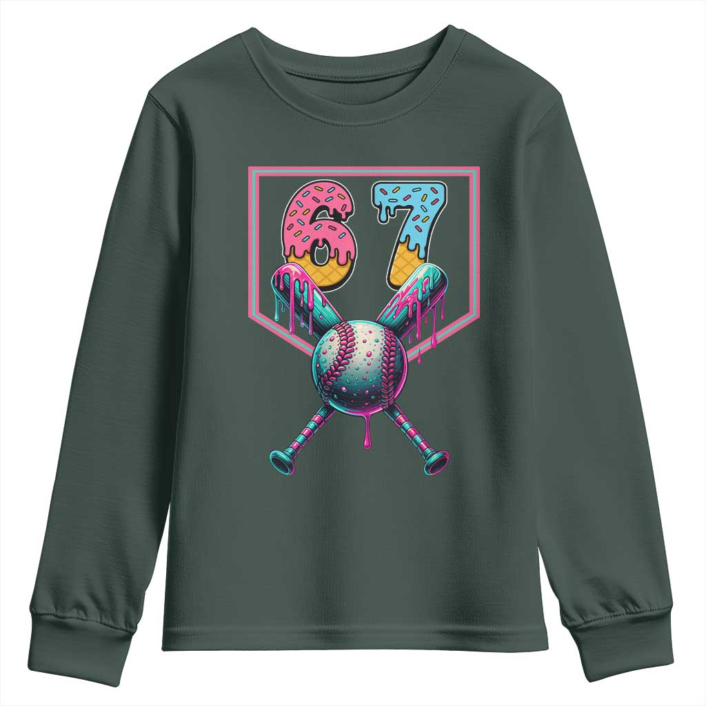 Funny Six Seven Baseball Drip Youth Sweatshirt Number 67 Meme Drippy Bats TS02 Dark Forest Green Print Your Wear