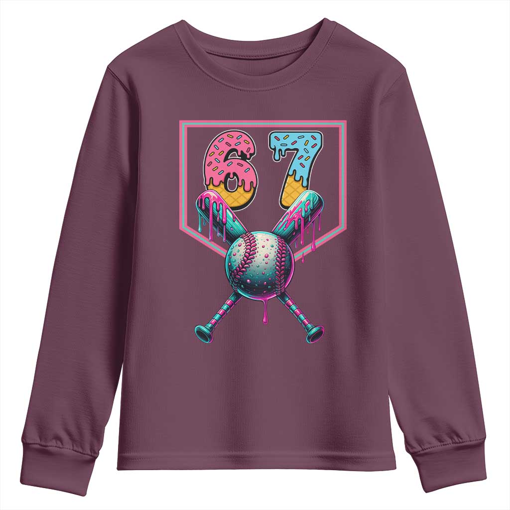 Funny Six Seven Baseball Drip Youth Sweatshirt Number 67 Meme Drippy Bats TS02 Maroon Print Your Wear