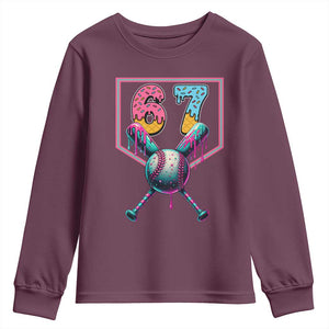 Funny Six Seven Baseball Drip Youth Sweatshirt Number 67 Meme Drippy Bats TS02 Maroon Print Your Wear