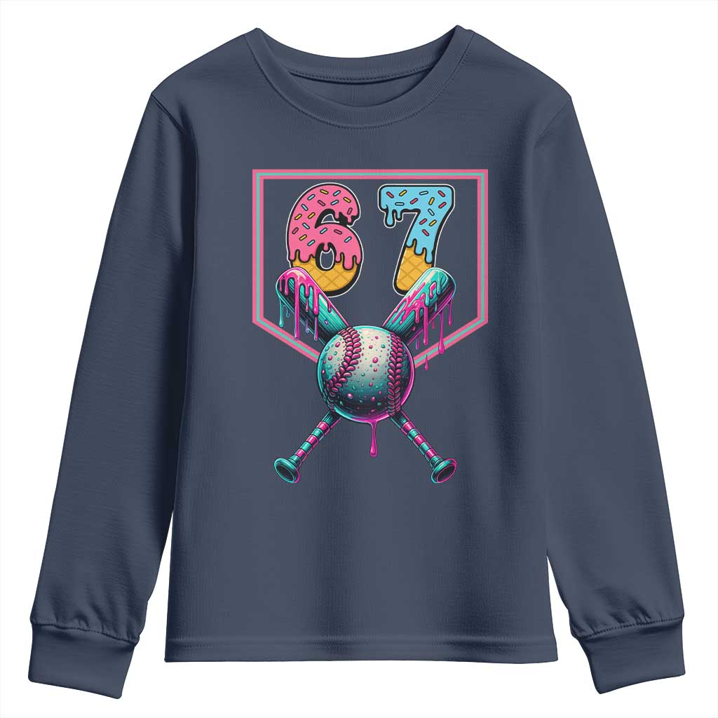 Funny Six Seven Baseball Drip Youth Sweatshirt Number 67 Meme Drippy Bats TS02 Navy Print Your Wear