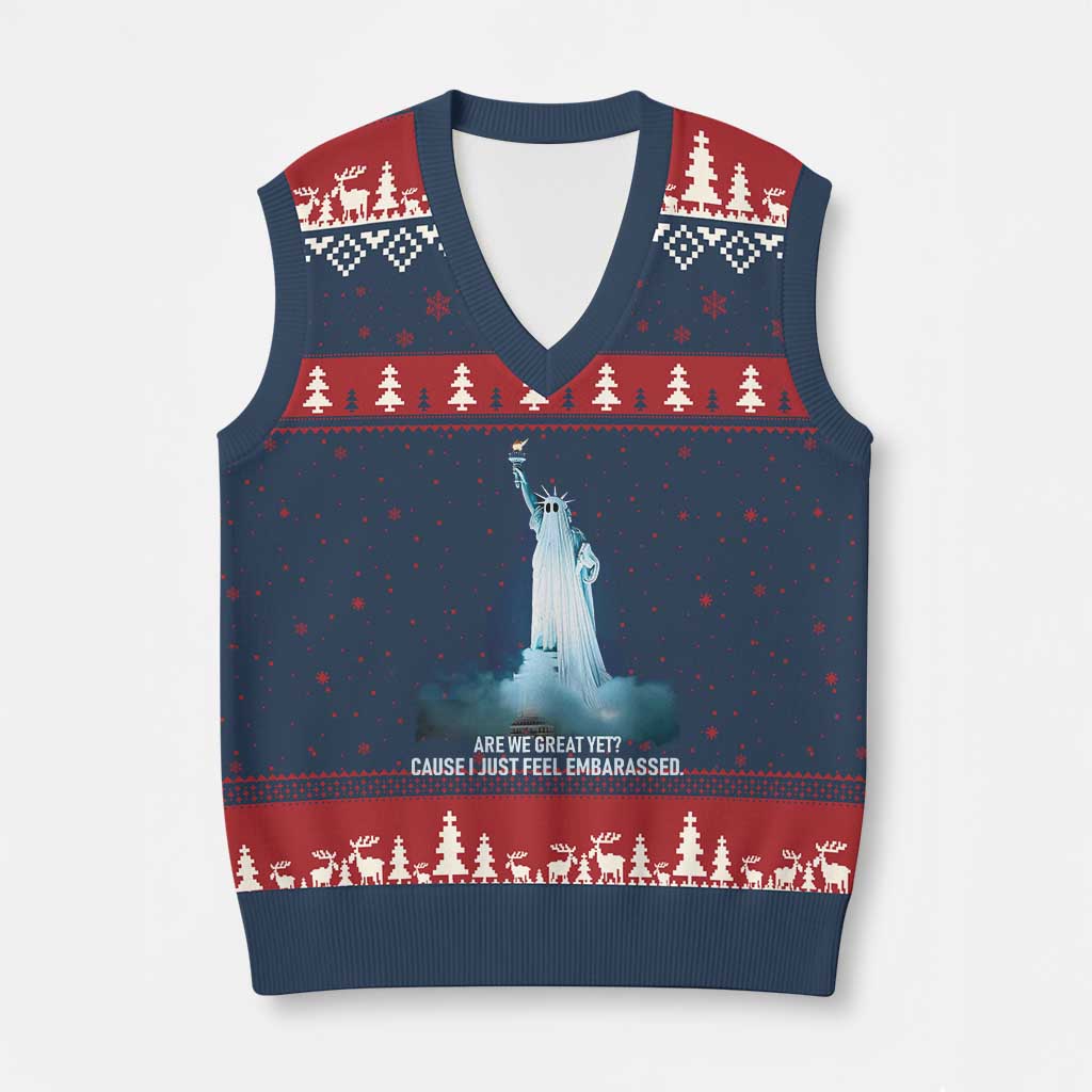 Statue of Liberty Ghost V-Neck Knit Sweater Vest Are We Great Yet Cause I Just Feel Embarrased TS02 Navy Red Print Your Wear