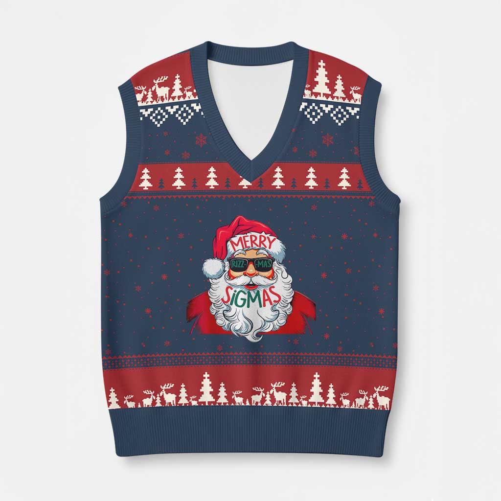 Funny Santa Rizz Xmas V-Neck Knit Sweater Vest Merry Rizzmas Sigmas Xmas Gen Alpha Middle School TS02 Navy Red Print Your Wear