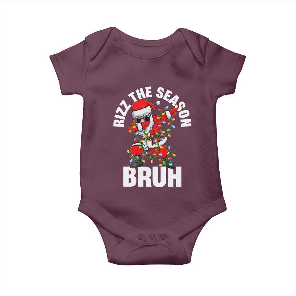 Funny Dabbing Santa Rizz Christmas Baby Onesie Rizz The Season Bruh Xmas Lights TS02 Maroon Print Your Wear
