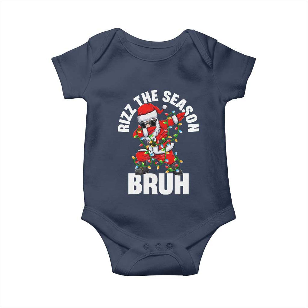 Funny Dabbing Santa Rizz Christmas Baby Onesie Rizz The Season Bruh Xmas Lights TS02 Navy Print Your Wear