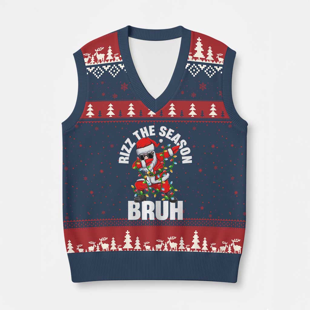 Funny Dabbing Santa Rizz Xmas V-Neck Knit Sweater Vest Rizz The Season Bruh Xmas Lights TS02 Navy Red Print Your Wear