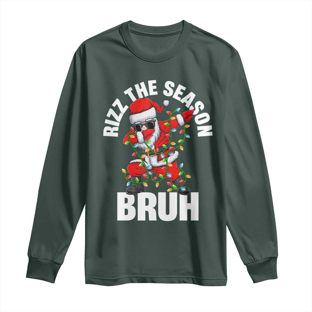 Funny Dabbing Santa Rizz Christmas Long Sleeve Shirt Rizz The Season Bruh Xmas Lights TS02 Dark Forest Green Print Your Wear