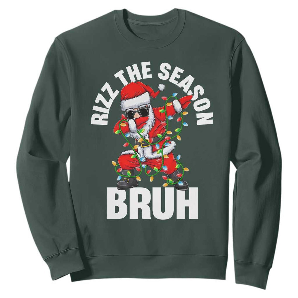 Funny Dabbing Santa Rizz Christmas Sweatshirt Rizz The Season Bruh Xmas Lights TS02 Dark Forest Green Print Your Wear