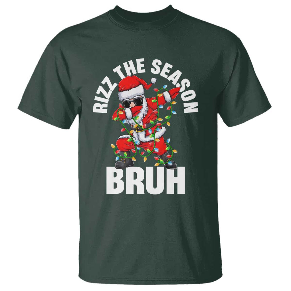 Funny Dabbing Santa Rizz Christmas T Shirt Rizz The Season Bruh Xmas Lights TS02 Dark Forest Green Print Your Wear