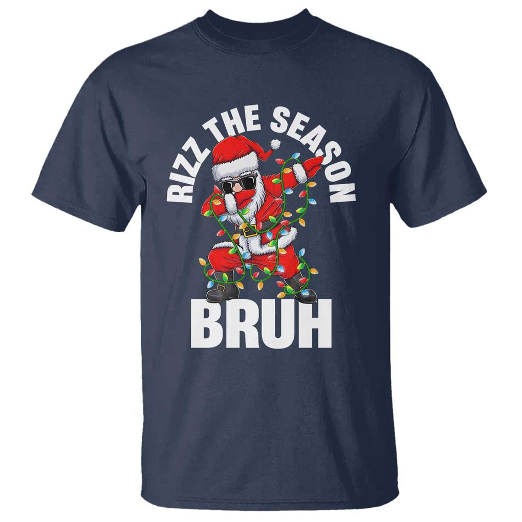 Funny Dabbing Santa Rizz Christmas T Shirt Rizz The Season Bruh Xmas Lights TS02 Navy Print Your Wear