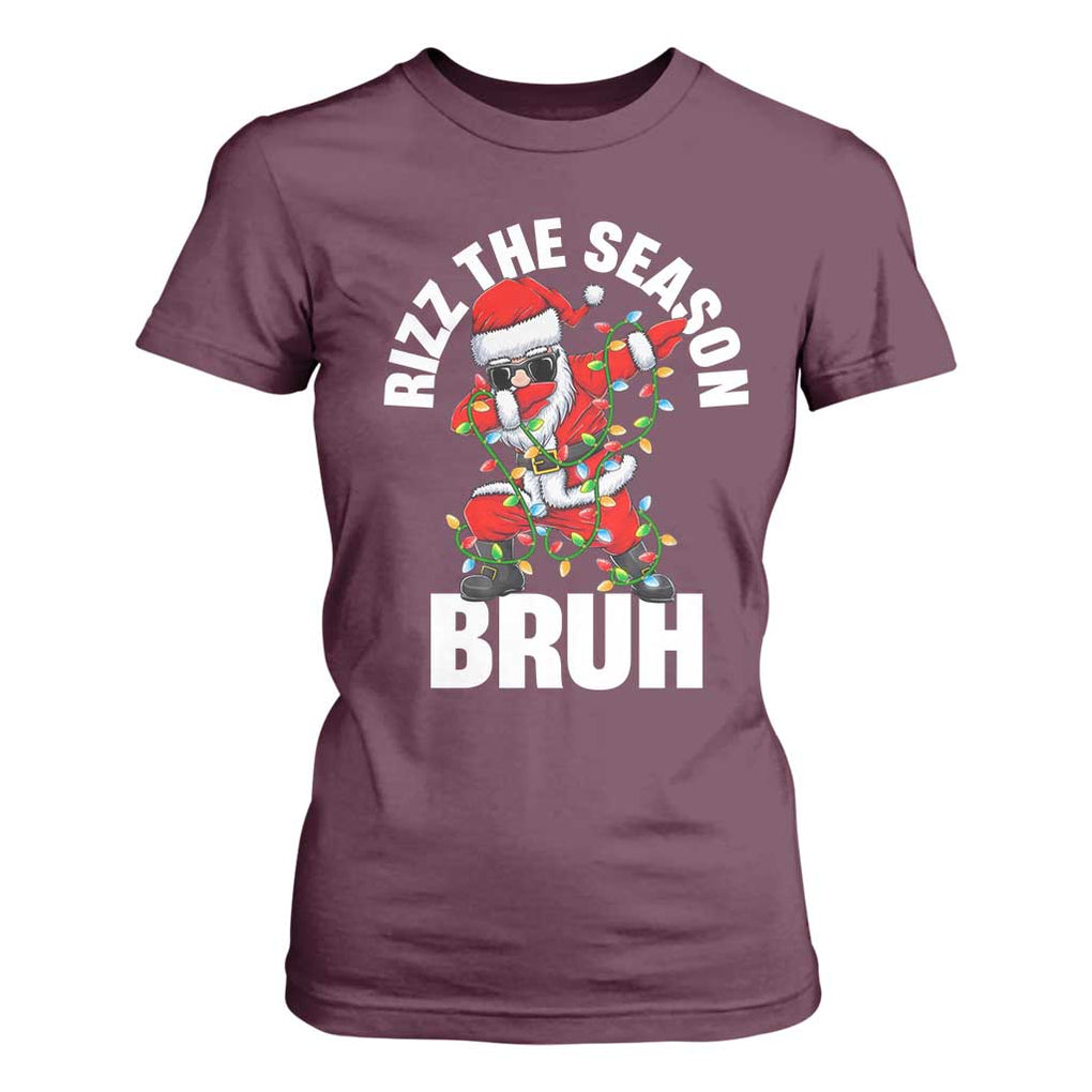 Funny Dabbing Santa Rizz Christmas T Shirt For Women Rizz The Season Bruh Xmas Lights TS02 Maroon Print Your Wear