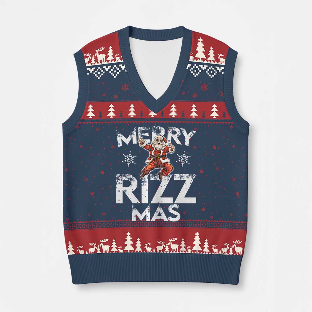 Funny Santa Rizz Xmas V-Neck Knit Sweater Vest Merry Rizz Mas Cool TS02 Navy Red Print Your Wear