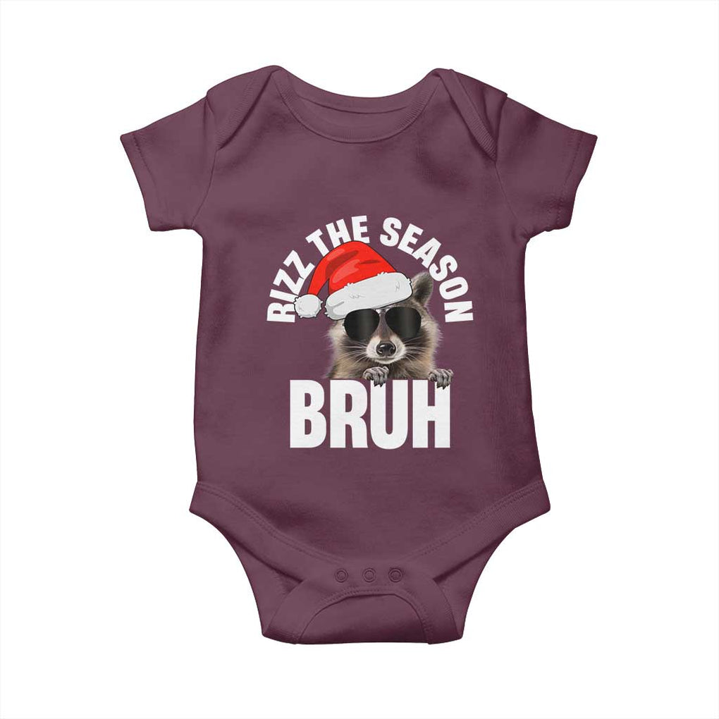 Funny Rizz Christmas Raccoon Baby Onesie Rizz The Season Bruh Santa Hat TS02 Maroon Print Your Wear