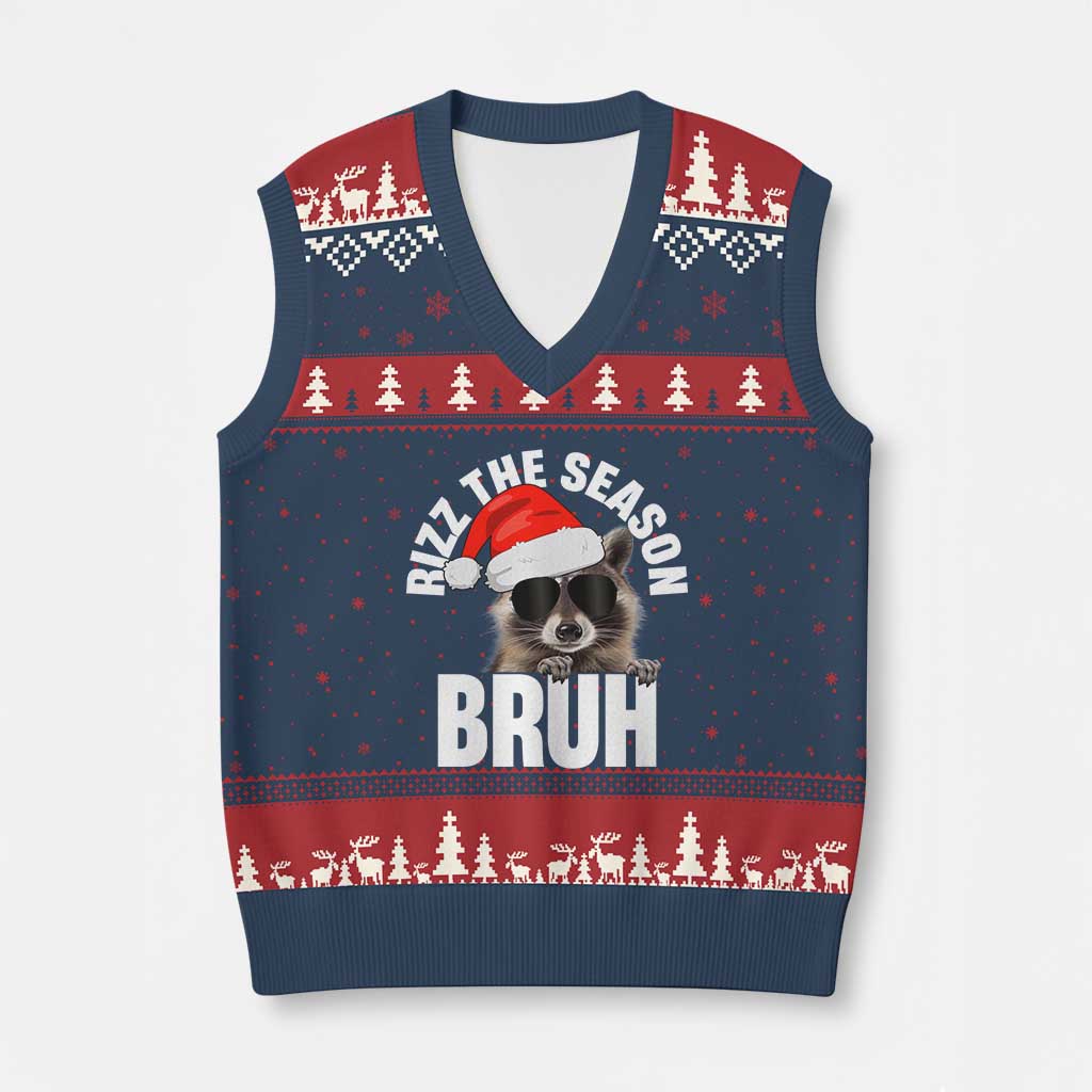 Funny Rizz Xmas Raccoon V-Neck Knit Sweater Vest Rizz The Season Bruh Santa Hat TS02 Navy Red Print Your Wear