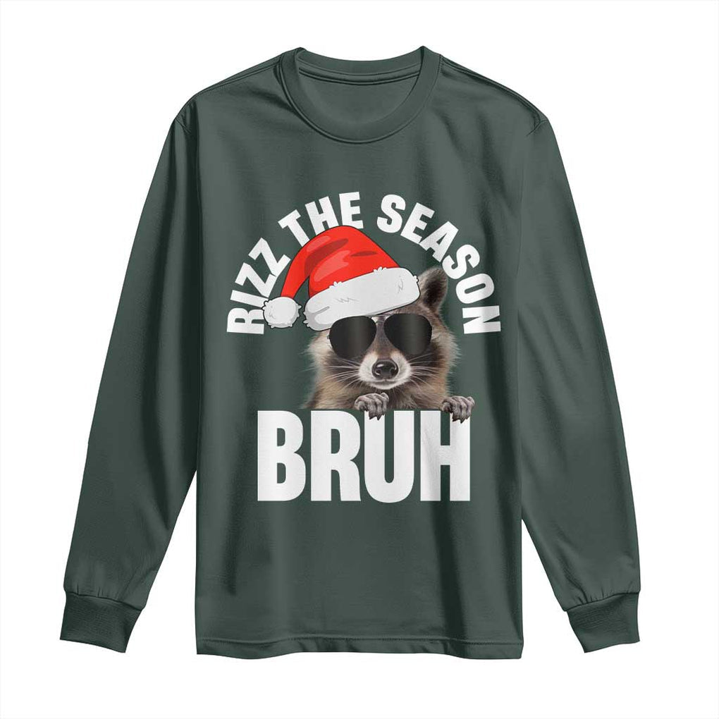 Funny Rizz Christmas Raccoon Long Sleeve Shirt Rizz The Season Bruh Santa Hat TS02 Dark Forest Green Print Your Wear