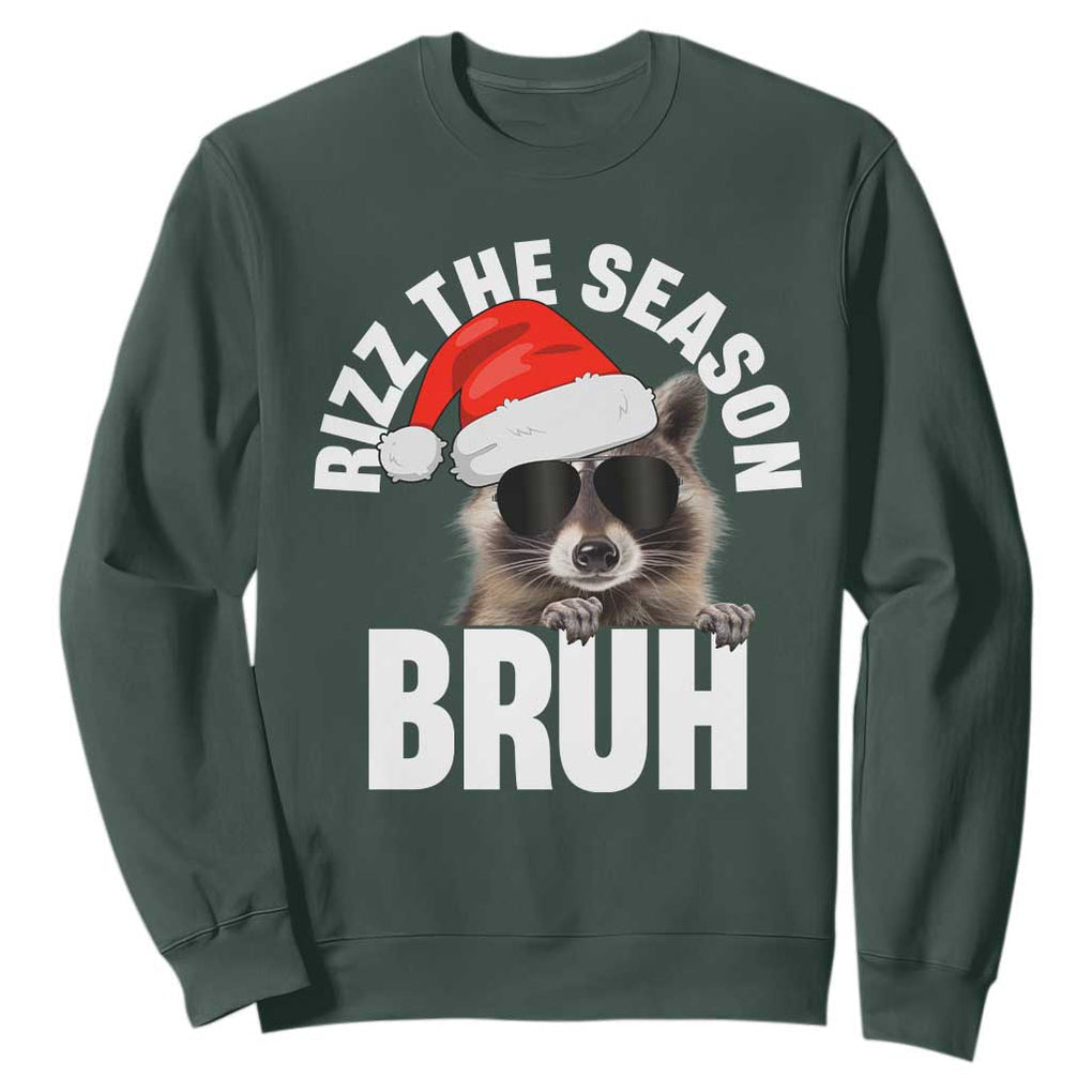 Funny Rizz Christmas Raccoon Sweatshirt Rizz The Season Bruh Santa Hat TS02 Dark Forest Green Print Your Wear