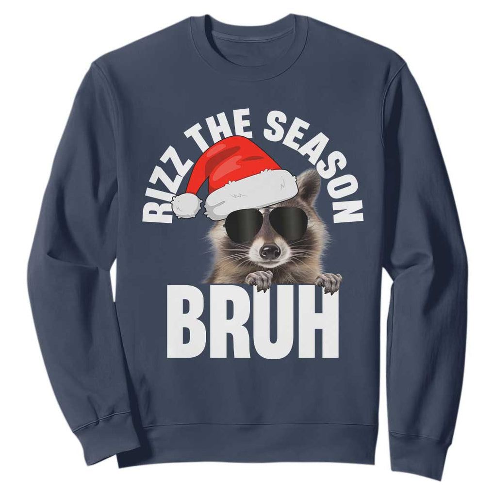 Funny Rizz Christmas Raccoon Sweatshirt Rizz The Season Bruh Santa Hat TS02 Navy Print Your Wear