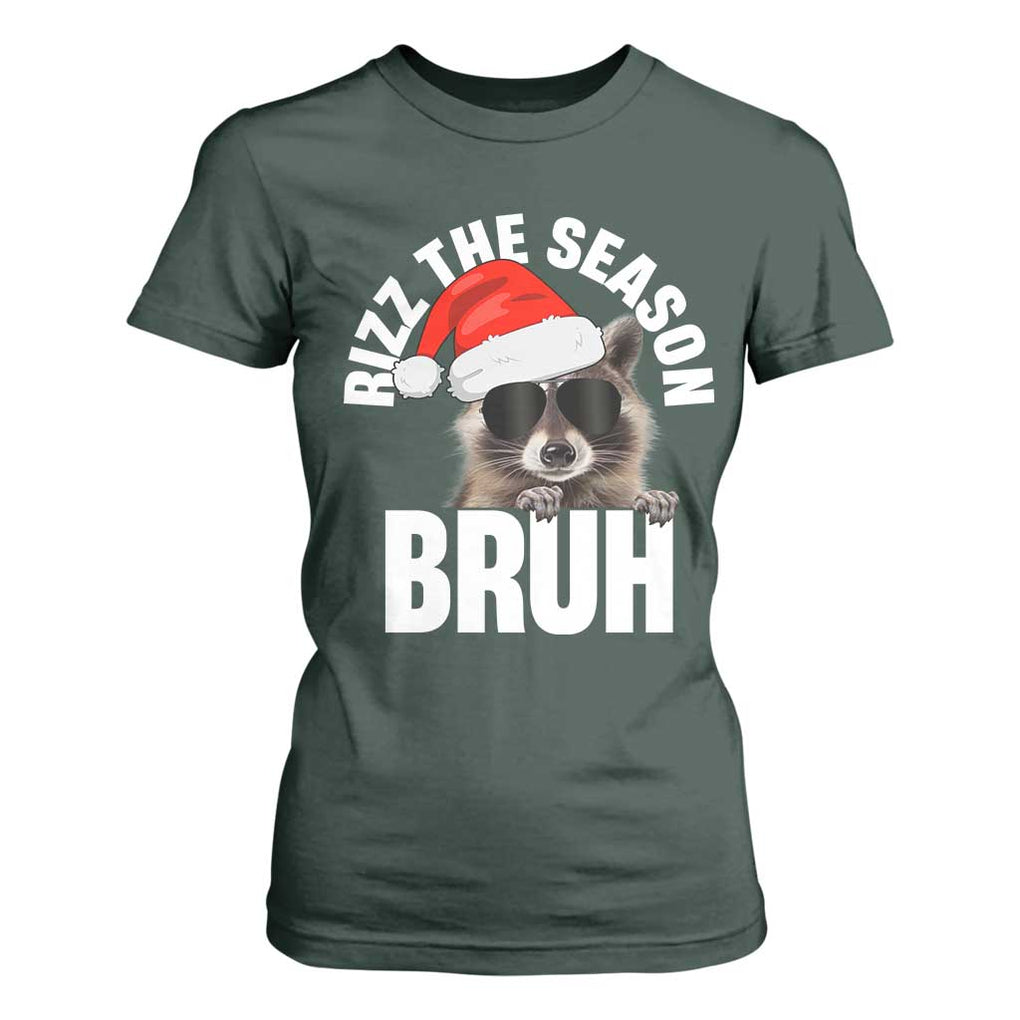 Funny Rizz Christmas Raccoon T Shirt For Women Rizz The Season Bruh Santa Hat TS02 Dark Forest Green Print Your Wear