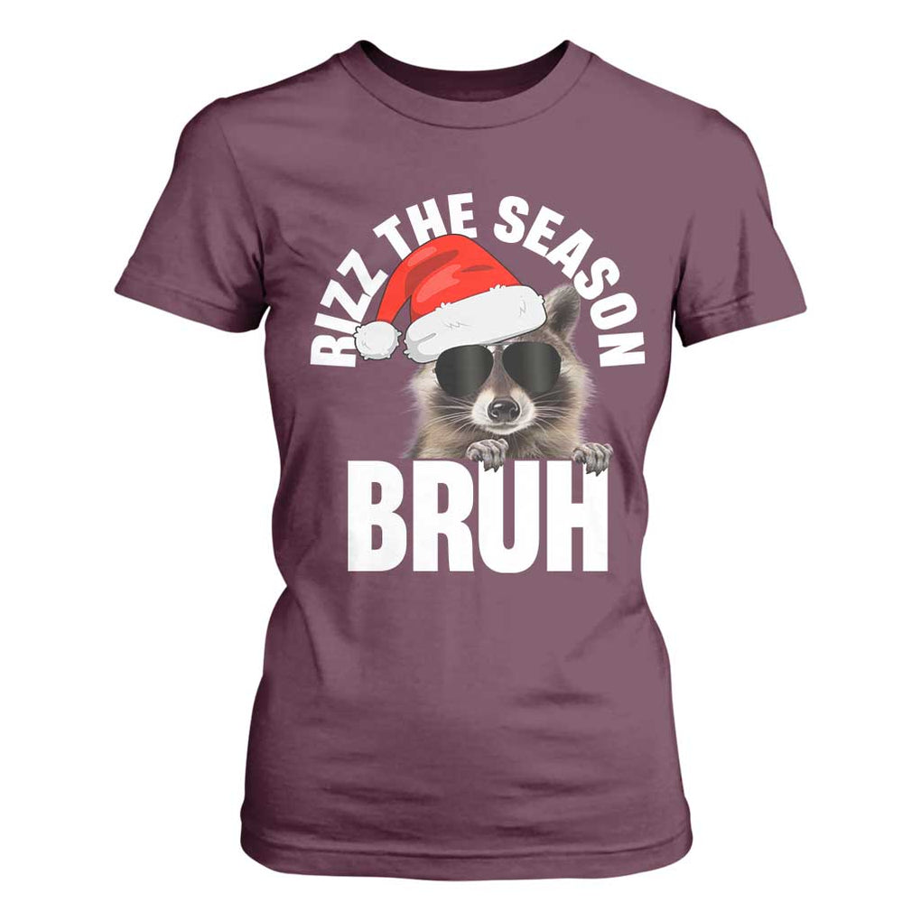 Funny Rizz Christmas Raccoon T Shirt For Women Rizz The Season Bruh Santa Hat TS02 Maroon Print Your Wear