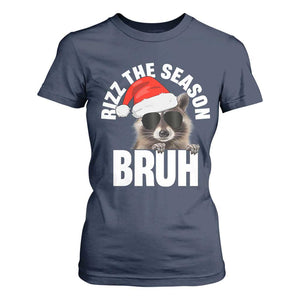 Funny Rizz Christmas Raccoon T Shirt For Women Rizz The Season Bruh Santa Hat TS02 Navy Print Your Wear
