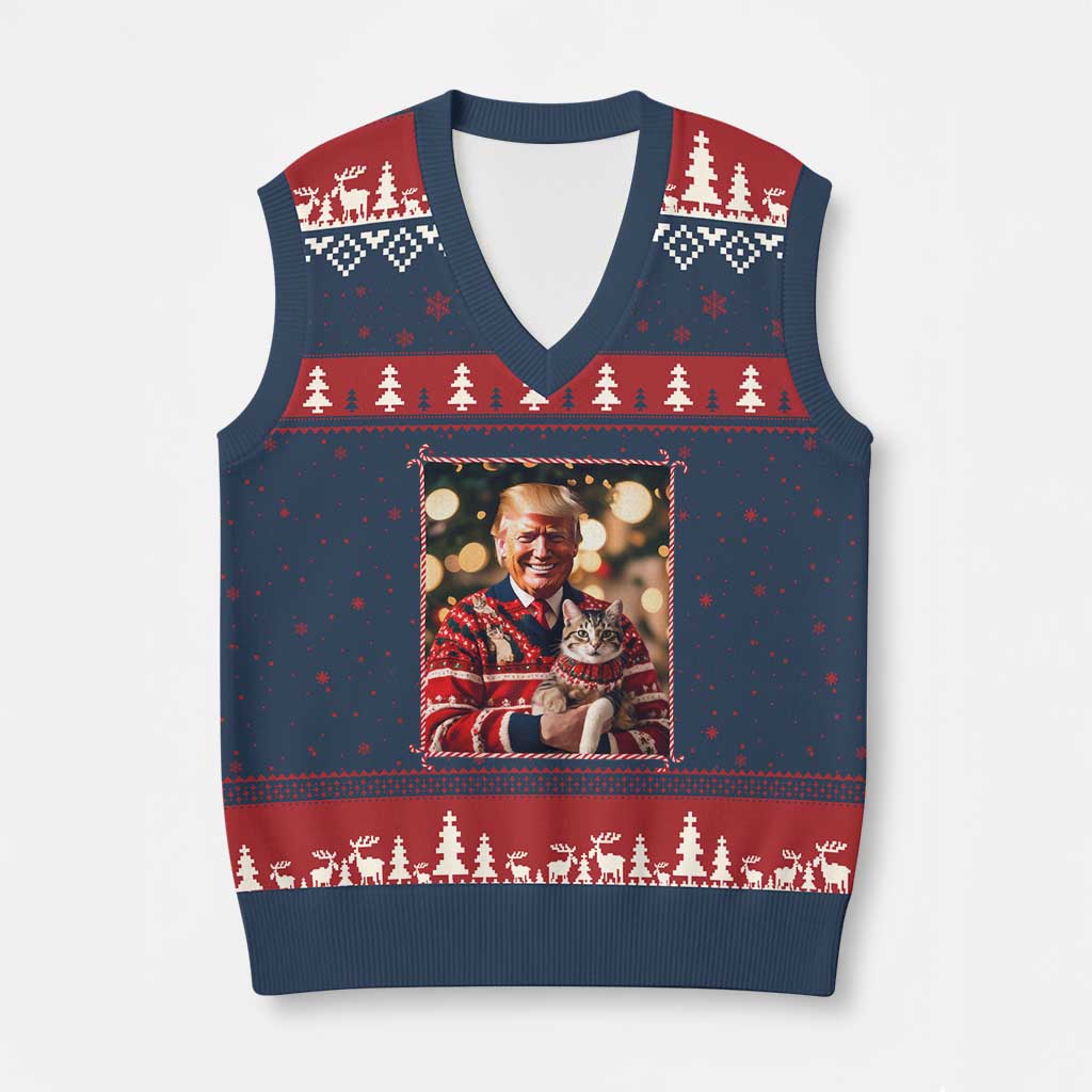 Xmas Trump With Cat Graphic V-Neck Knit Sweater Vest Classic Festive Xmas Vibe TS02 Navy Red Print Your Wear