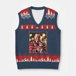 Xmas Trump With Cat Graphic V-Neck Knit Sweater Vest Classic Festive Xmas Vibe TS02 Navy Red Print Your Wear