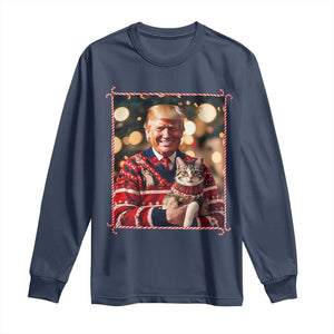 Christmas Trump With Cat Graphic Long Sleeve Shirt Classic Festive Xmas Vibe TS02 Navy Print Your Wear
