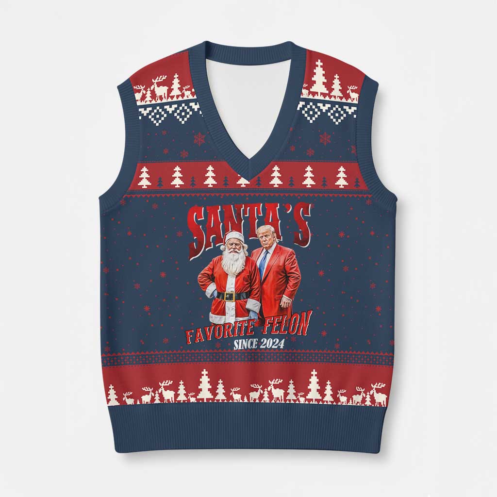 Xmas Trump With Santa V-Neck Knit Sweater Vest Santa's Favorite Felon Since 2024 TS02 Navy Red Print Your Wear