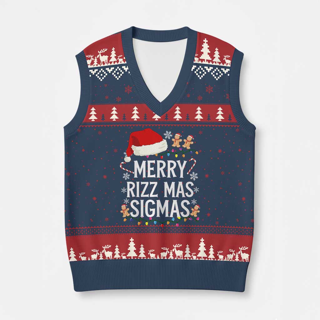 Funny Santa Rizz Xmas V-Neck Knit Sweater Vest Merry Rizzmas Sigmas TS02 Navy Red Print Your Wear