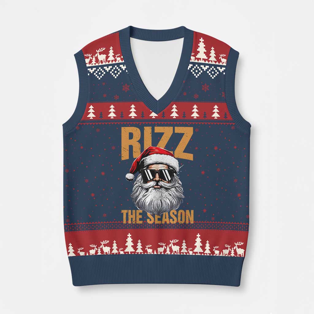 Funny Santa Rizz Xmas V-Neck Knit Sweater Vest Rizz The Season TS02 Navy Red Print Your Wear
