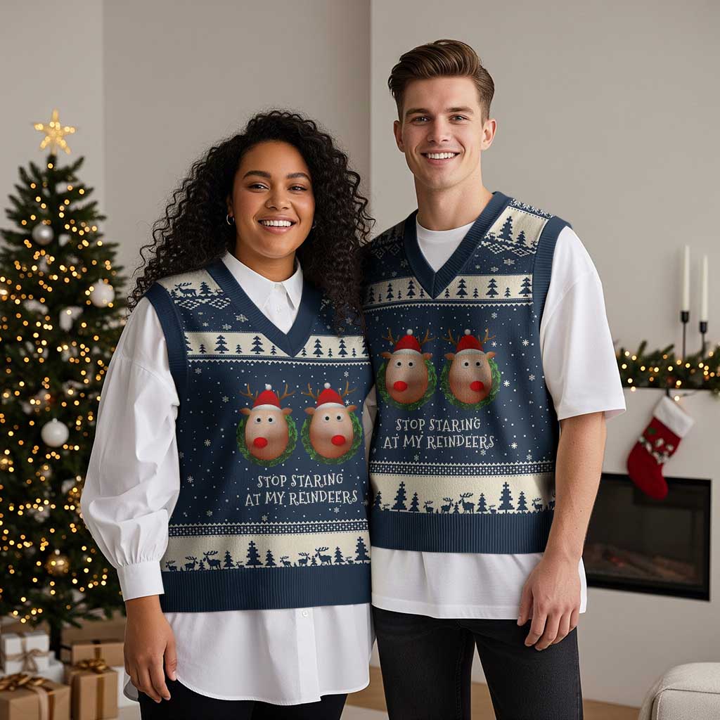 Funny Xmas Chest Joke V-Neck Knit Sweater Vest Stop Staring At My Reindeers Merry Titmas Boobs TS02 Navy Beige Print Your Wear