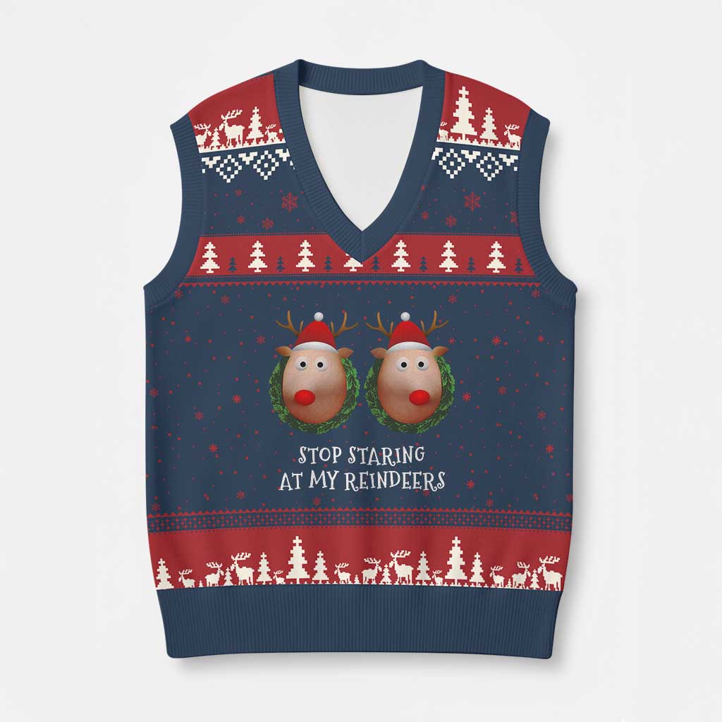 Funny Xmas Chest Joke V-Neck Knit Sweater Vest Stop Staring At My Reindeers Merry Titmas Boobs TS02 Navy Red Print Your Wear