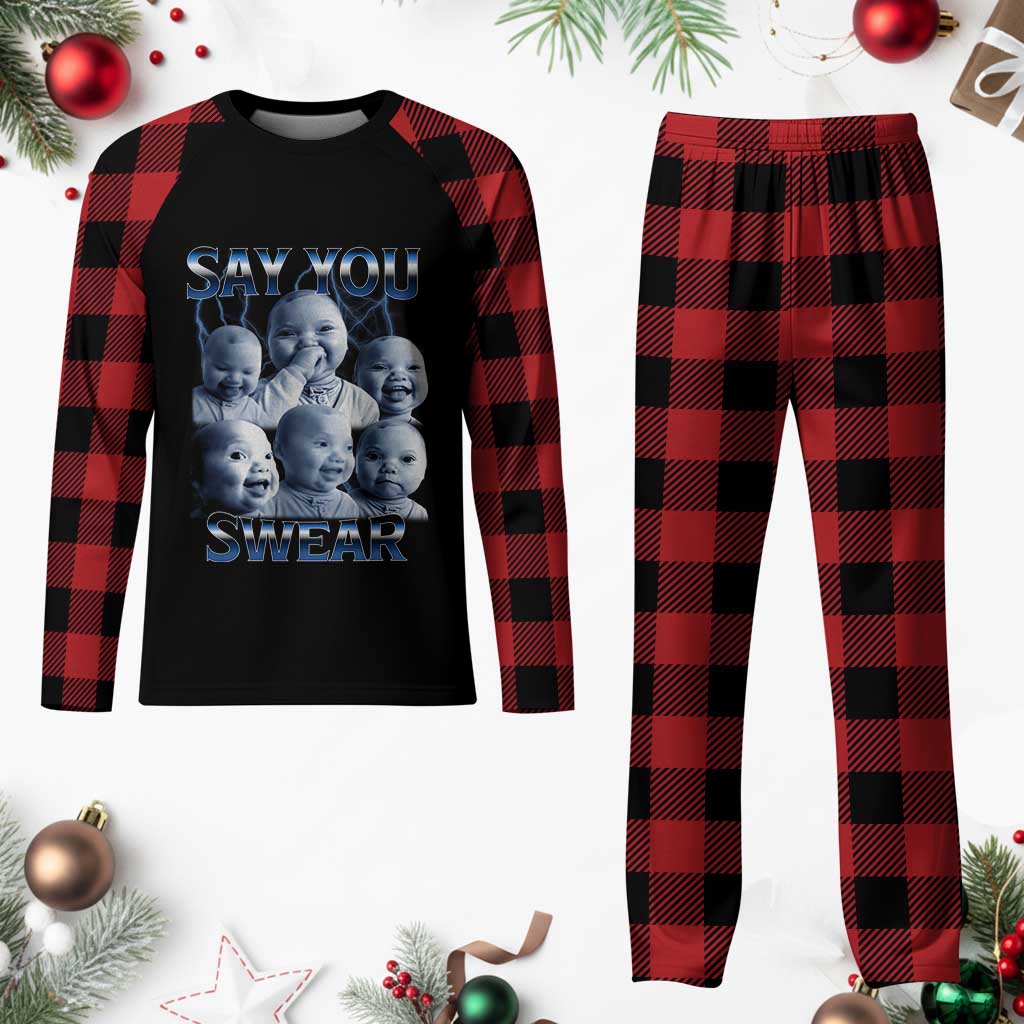 Funny Tuff Baby Meme Plaid Pajama Set Say You Swear Viral AI Niche Baby Holding Back Laugh TS02 Buffalo Plaid Print Your Wear