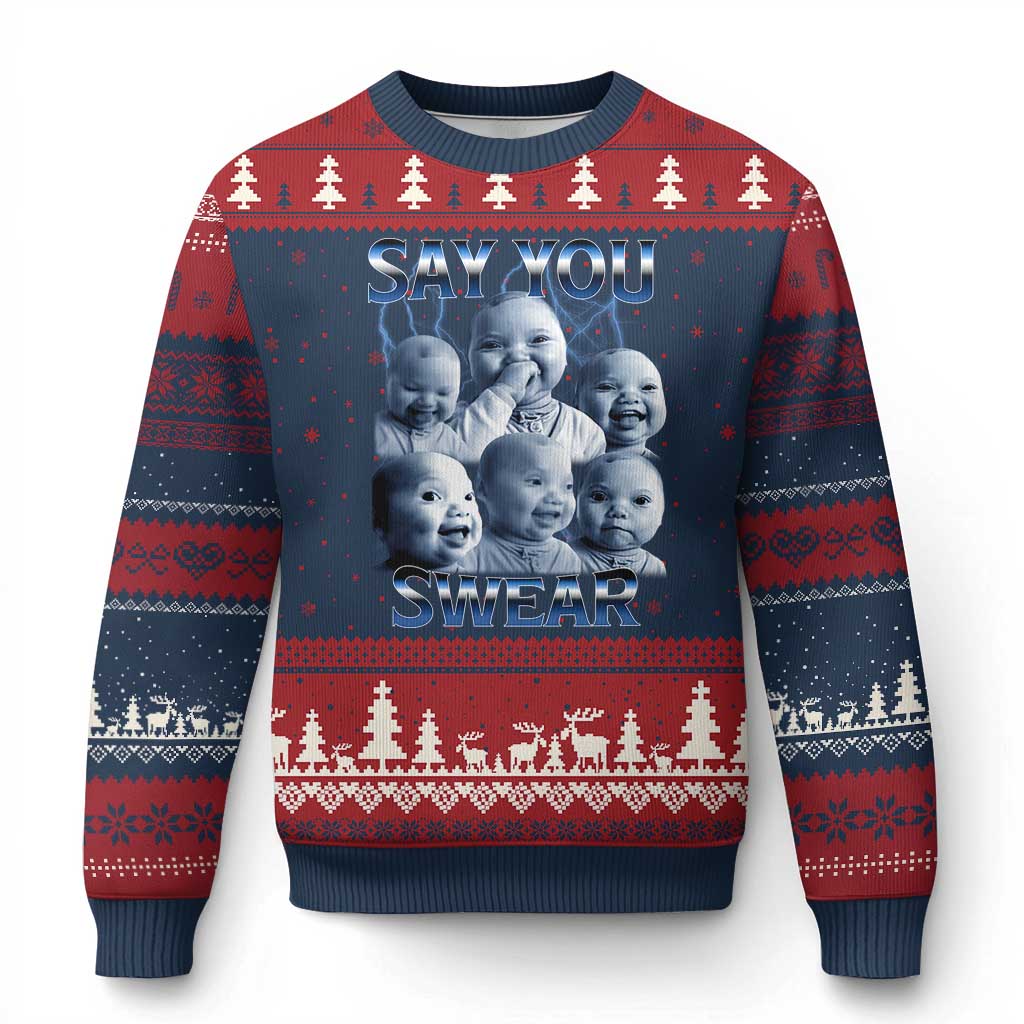 Funny Tuff Baby Meme Ugly Christmas Sweater Say You Swear Viral AI Niche Baby Holding Back Laugh TS02 Navy Red Print Your Wear