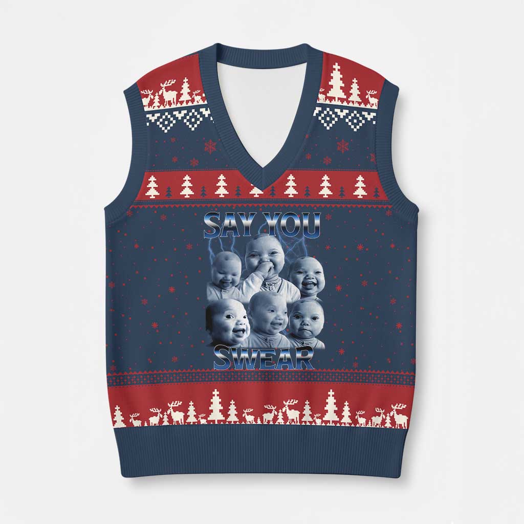 Funny Tuff Baby Meme V-Neck Knit Sweater Vest Say You Swear Viral AI Niche Baby Holding Back Laugh TS02 Navy Red Print Your Wear